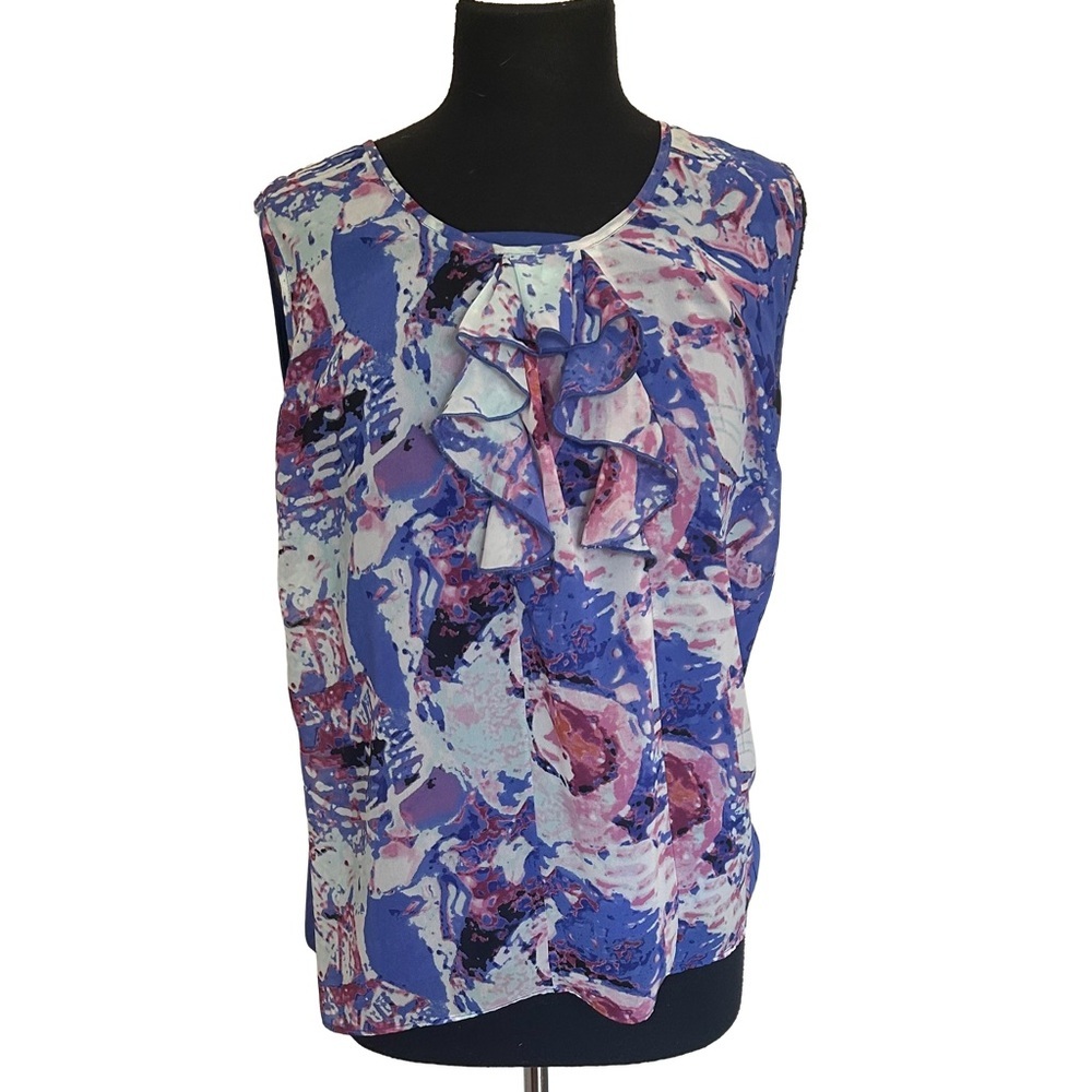 Cleo Women’s Abstract Ruffle Sleeveless Blue , Purple Pink White Blouse Size XL